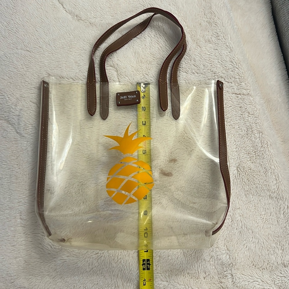 Jeff Wan NY Clear tote bag with orange/yellow pineapple and brown leather straps